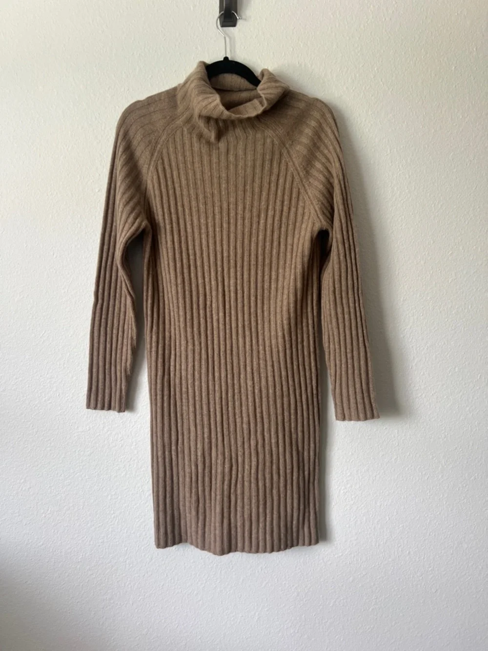 Nap Tan Ribbed Knit Cashmere Dress Size M Mock Turtleneck Neutral Minimalist - Picture 2 of 3